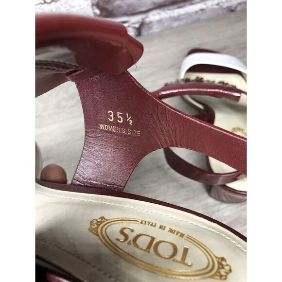 TOD'S Burgundy Patent Leather White Open Toe Heel Strap Sandals Women 35.5EU/5US - Picture 10 of 16
